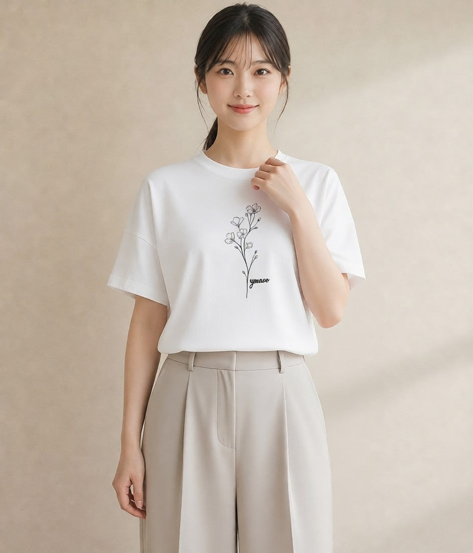 半袖Tシャツ レディース 小花 花 フラワー イラスト きれいめ ルームウェア ギフト 白T