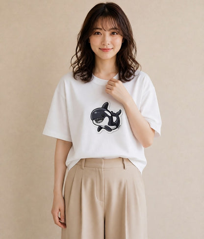 グラフィックTシャツ レディース クジラ 海の生き物 海 イラスト きれいめカジュアル 社会人 女性 白T