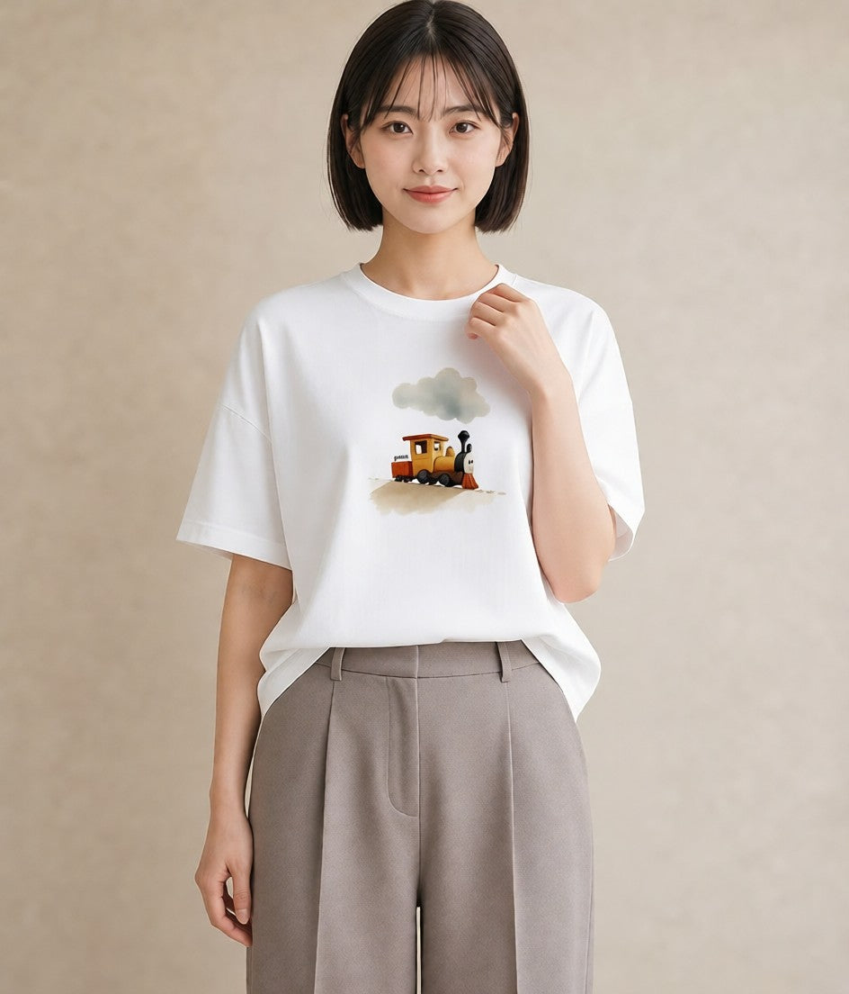 Tシャツ レディース 駅のホーム ローカル線 駅 ナチュラル アンティーク イラスト アート風 公園 ママ 白T