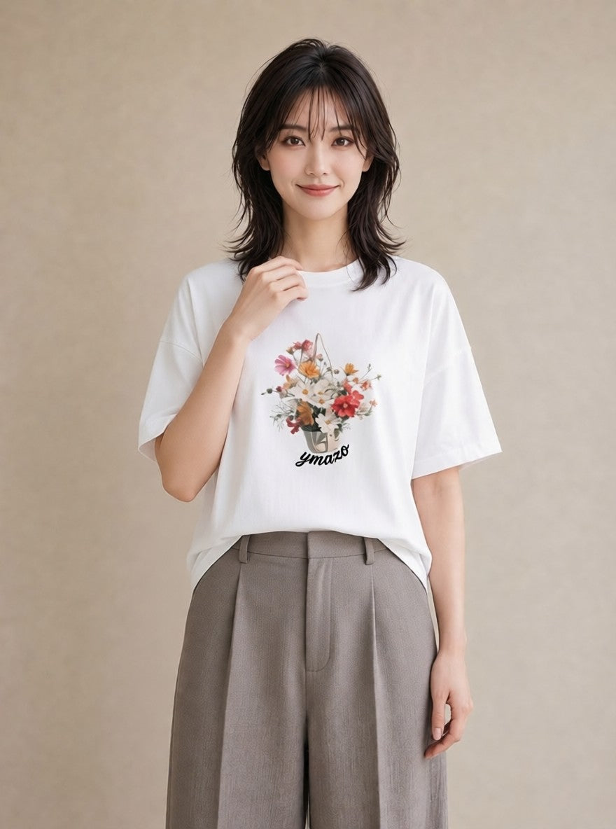 プリントTシャツ レディース 自転車のかご 自転車 花かご ナチュラル アンティーク イラスト 秋コーデ おしゃれギフト 白T