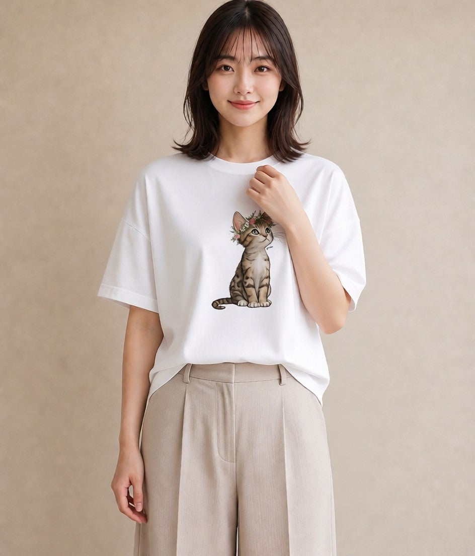 半袖Tシャツ レディース ねこ 猫 ネコ イラスト シック 春服 ミセス 白T