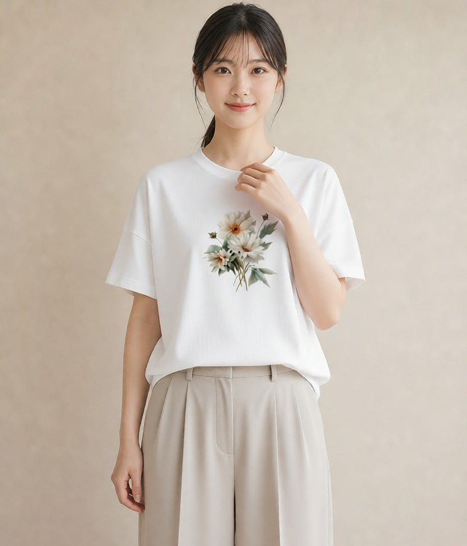 半袖Tシャツ レディース マーガレット 花 花柄 イラスト アート風 旅行 母娘コーデ 白T