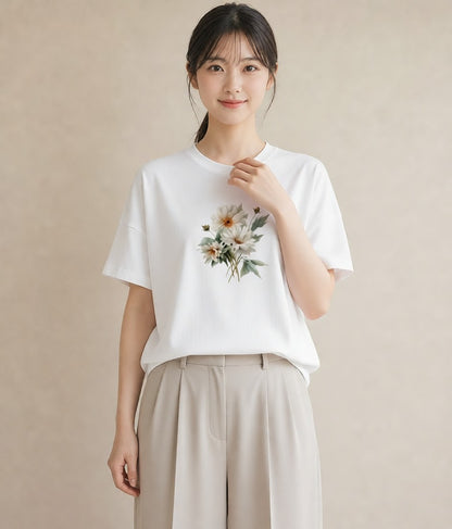 半袖Tシャツ レディース マーガレット 花 花柄 イラスト アート風 旅行 母娘コーデ 白T
