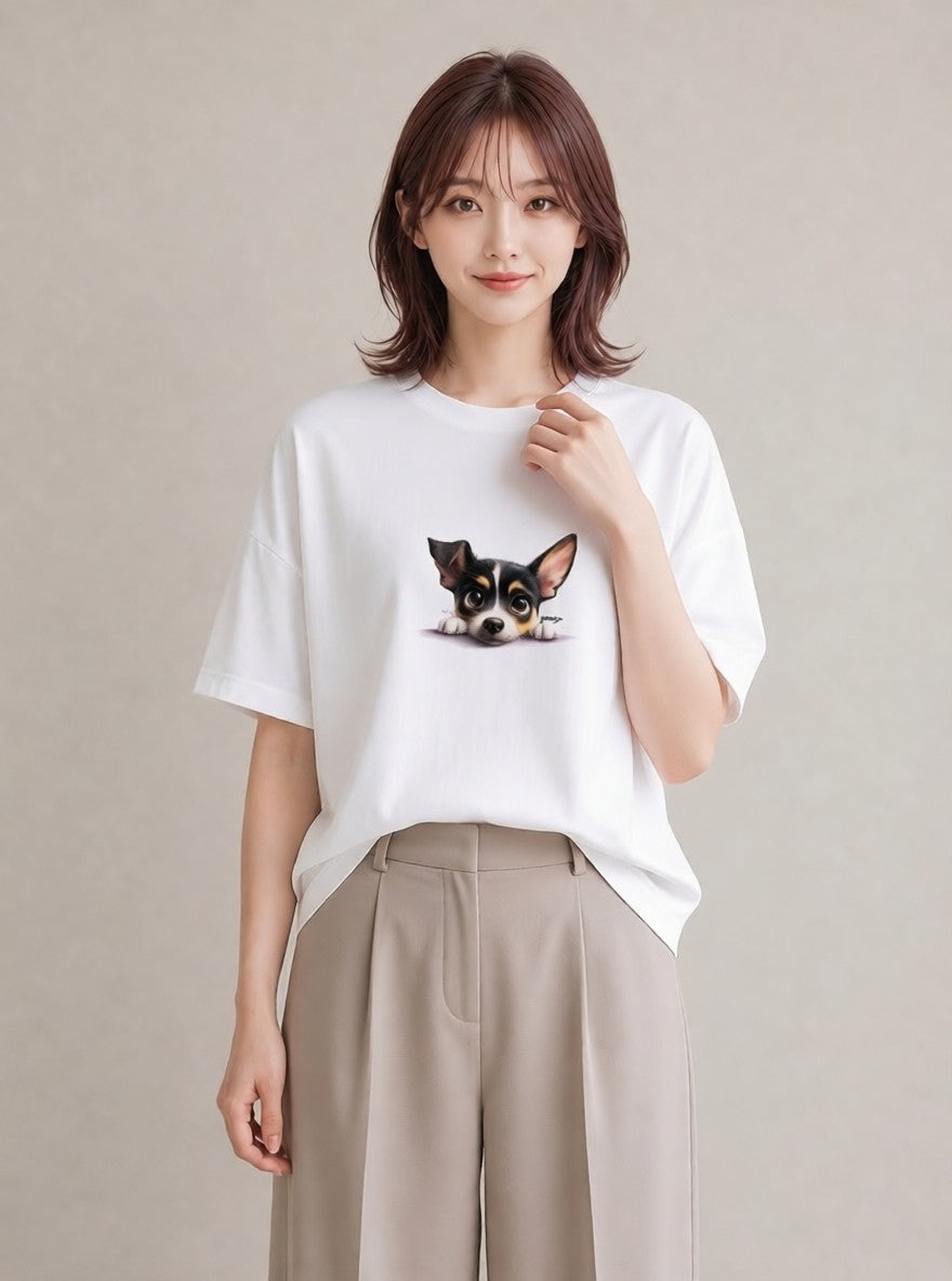 デザインTシャツ レディース チワワ 犬 いぬ イラスト 手描き風 普段着 週末コーデ 白T