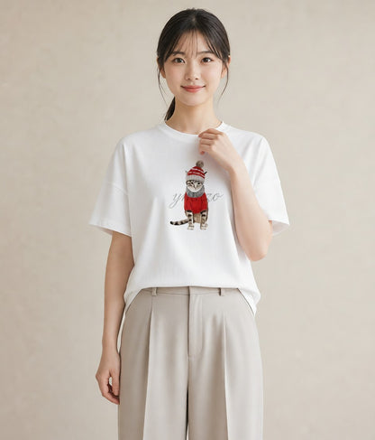 プリントTシャツ レディース キジトラ 猫 ねこ イラスト フェミニン ミセス 春コーデ 白T