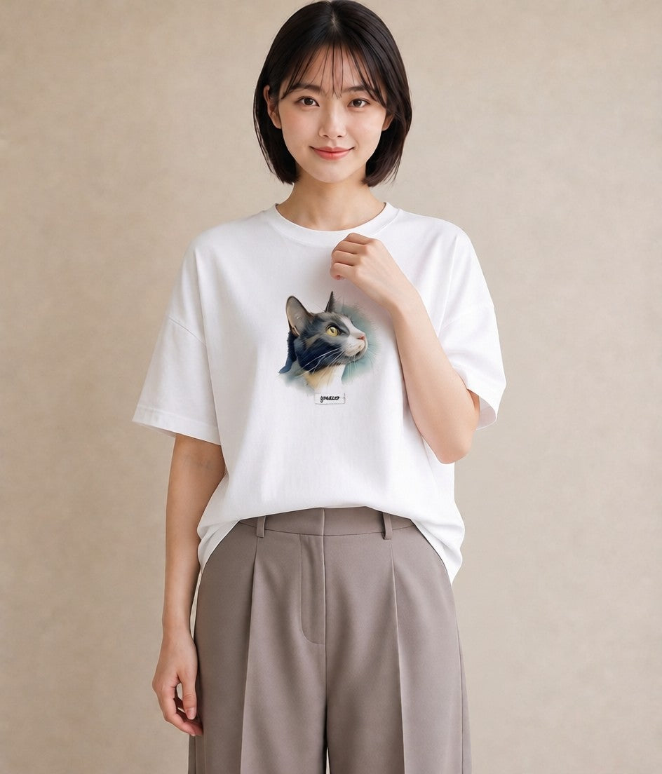 半袖Tシャツ レディース ハチワレ 白黒猫 猫 ねこ イラスト きれいめ ラフ レイヤード 白T