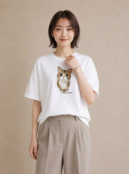 半袖Tシャツ レディース 三毛猫 みけねこ 三毛 猫 ねこ イラスト ガーリー 誕生日プレゼント 綿100 白T