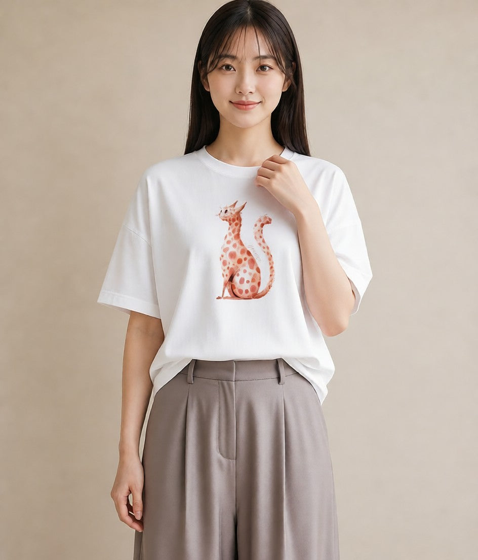 半袖Tシャツ レディース おすわり猫 猫 ねこ イラスト ユニーク 公園 ママ 白T