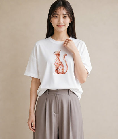 半袖Tシャツ レディース おすわり猫 猫 ねこ イラスト ユニーク 公園 ママ 白T