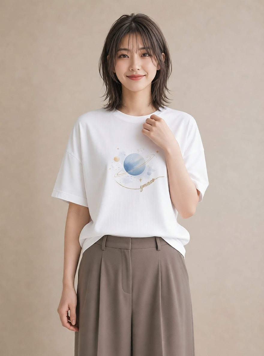 プリントTシャツ レディース 土星 星空 宇宙 イラスト カジュアル カジュアルコーデ 買い物 白T