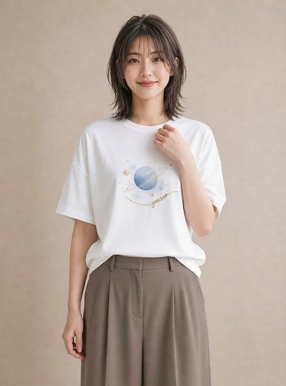 プリントTシャツ レディース 土星 星空 宇宙 イラスト カジュアル カジュアルコーデ 買い物 白T