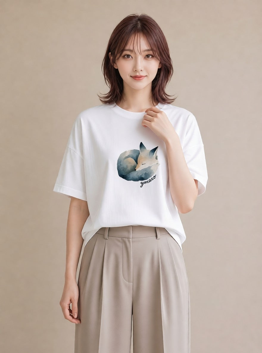プリントTシャツ レディース きつね 動物 アニマル イラスト ナチュラル ホワイトデー 春服 白T