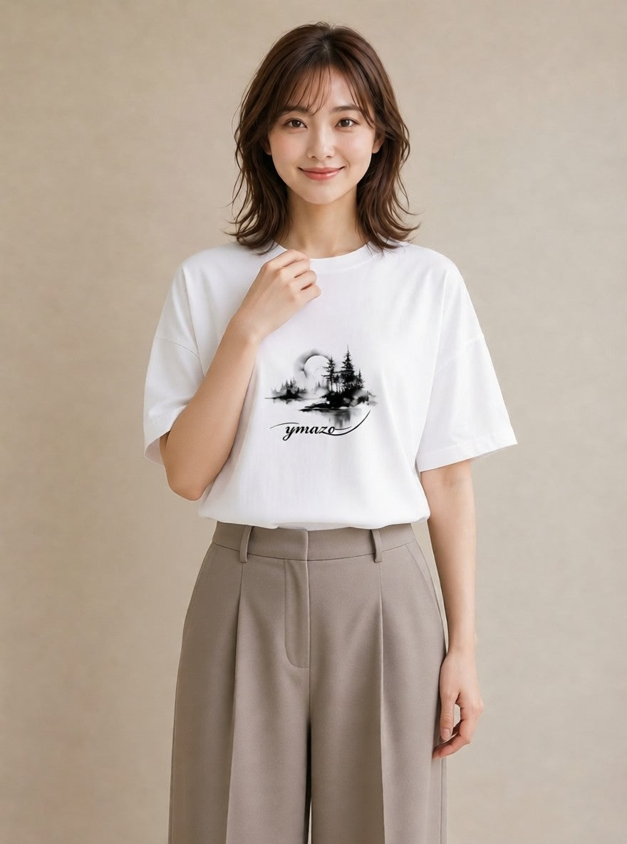 グラフィックTシャツ レディース 窓辺の雨 雨の日 窓 ナチュラル アンティーク イラスト ヴィンテージ風 ビーチ デイリーウェア 白T