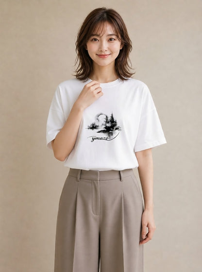 グラフィックTシャツ レディース 窓辺の雨 雨の日 窓 ナチュラル アンティーク イラスト ヴィンテージ風 ビーチ デイリーウェア 白T