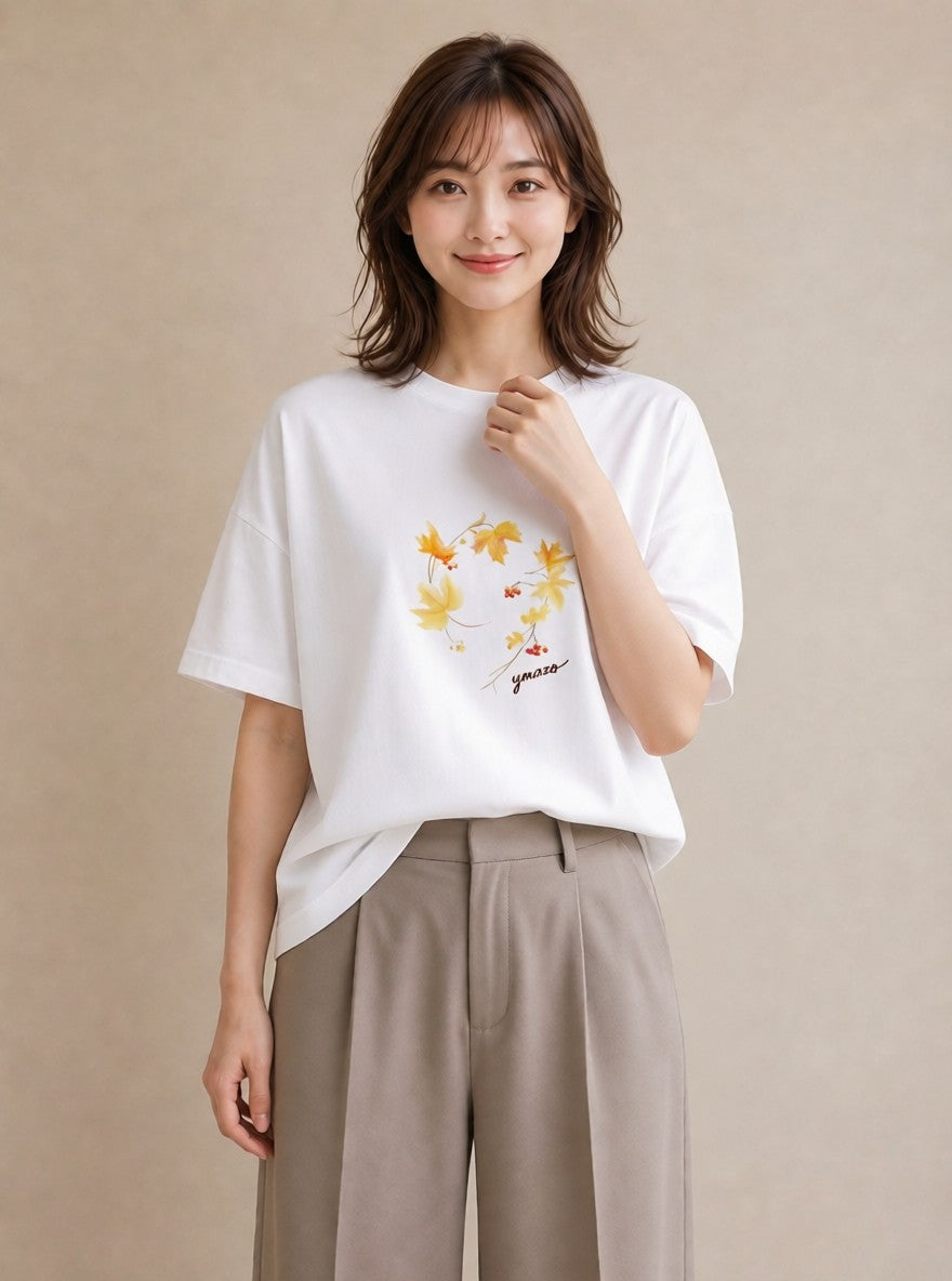 半袖Tシャツ レディース 落ち葉 植物 ボタニカル イラスト ミニマル 20代 カジュアルコーデ 白T