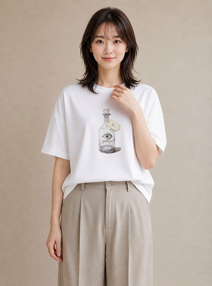 Tシャツ レディース ガラス瓶 小枝 ボタニカル ナチュラル アンティーク イラスト カジュアル 自分用 ルームウェア 白T