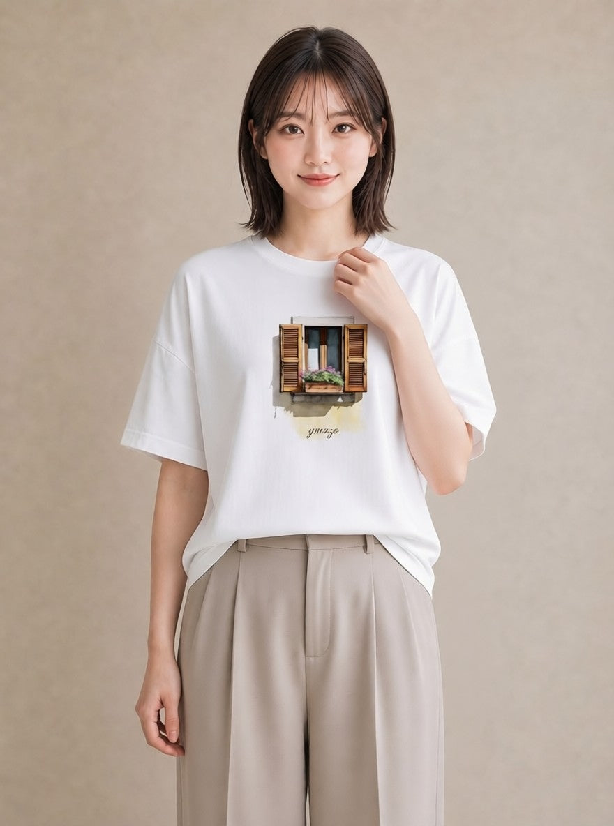 グラフィックTシャツ レディース 窓辺の雨 雨の日 窓 ナチュラル アンティーク イラスト 個性的 デイリーウェア 休日 白T