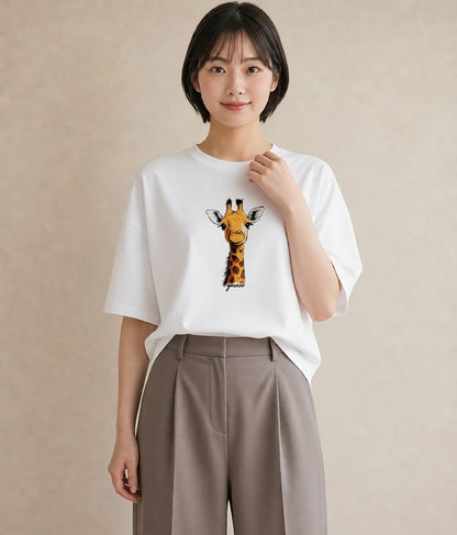 Tシャツ レディース きりん 動物 アニマル イラスト ヴィンテージ風 春服 ミセス 白T