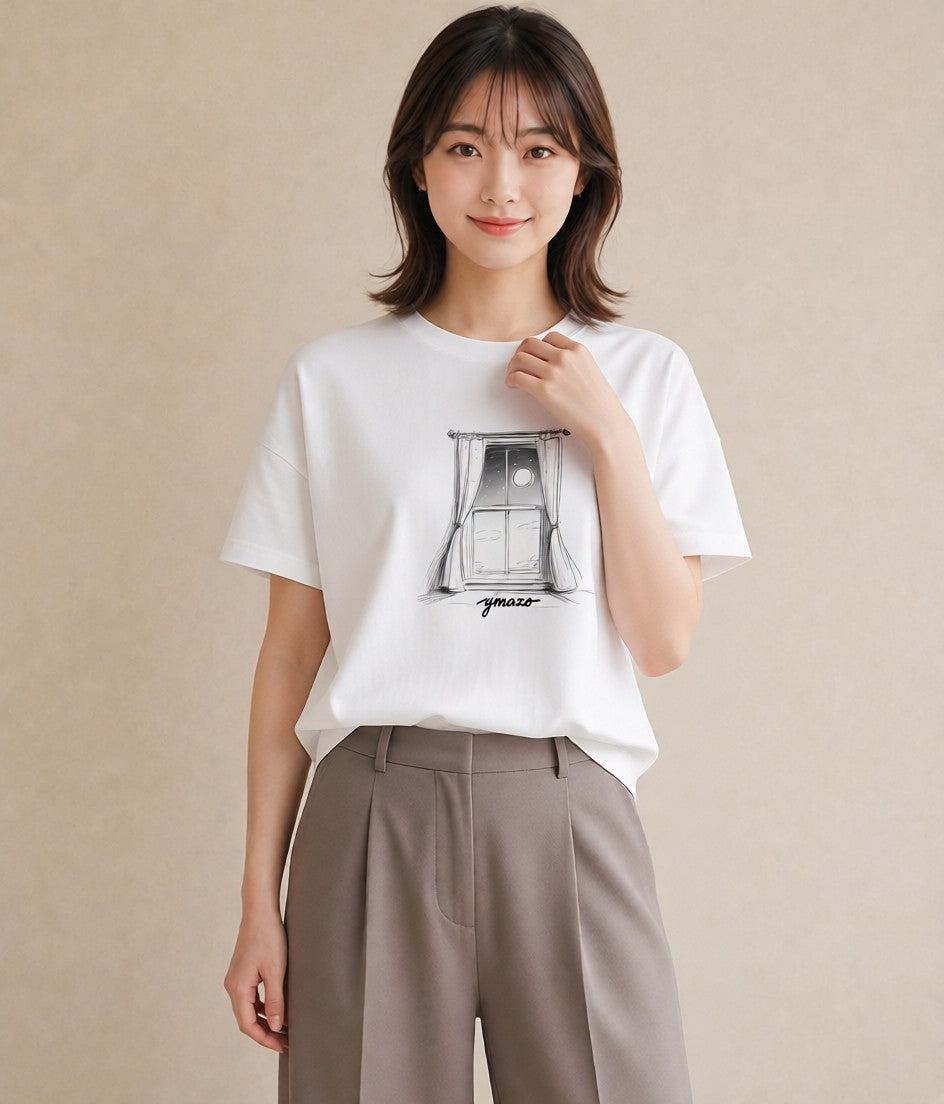 プリントTシャツ レディース 窓辺の雨 雨の日 窓 ナチュラル アンティーク イラスト ゆるコーデ 母娘コーデ 自分用 白T