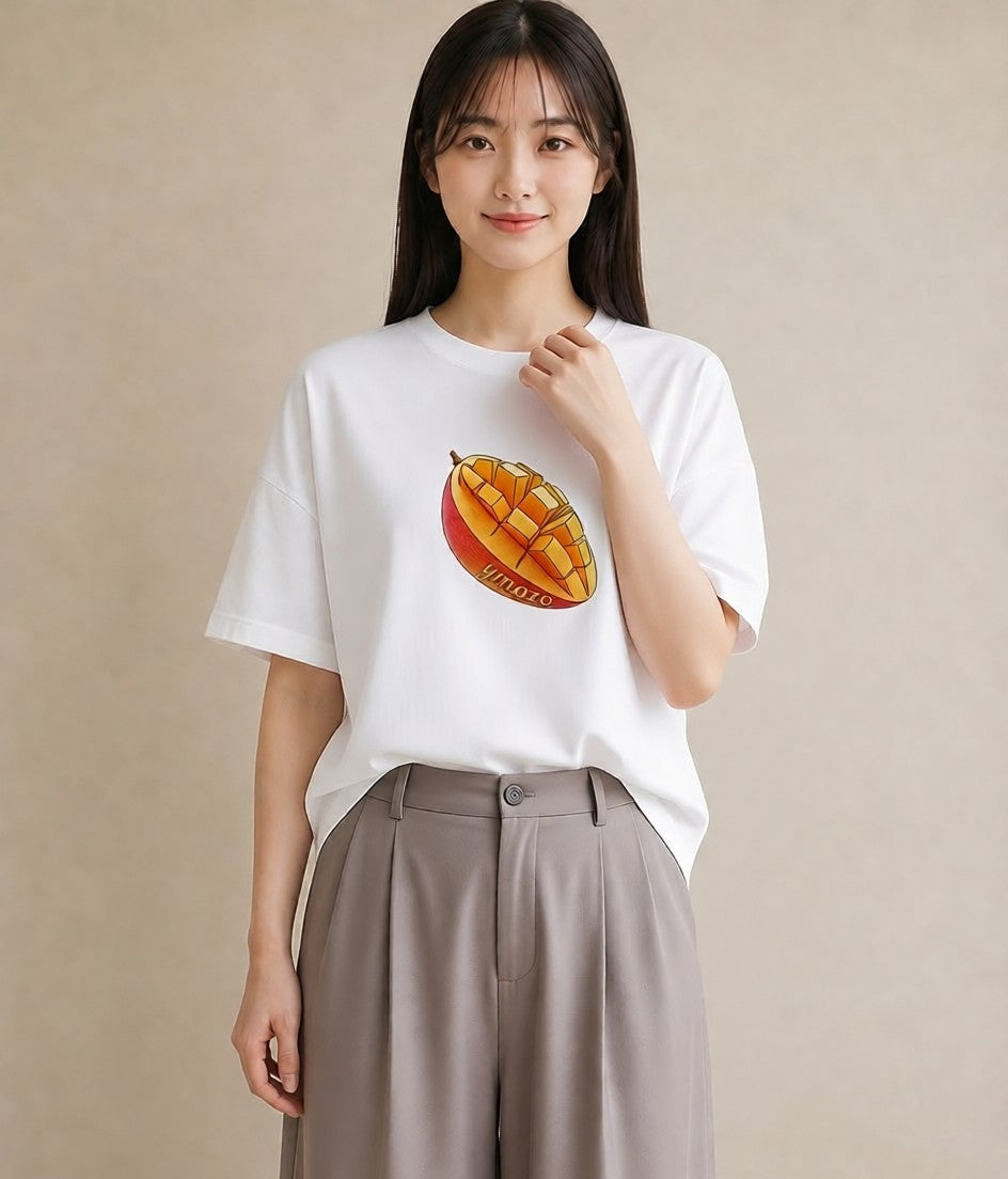 Tシャツ レディース もも 食べ物 フード イラスト 淡色 春服 ミセス 白T