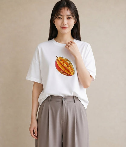 Tシャツ レディース もも 食べ物 フード イラスト 淡色 春服 ミセス 白T