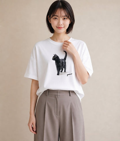 デザインTシャツ レディース サビ猫 猫 ねこ イラスト カフェコーデ 送別ギフト 通勤 白T