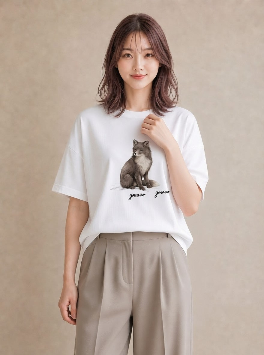 プリントTシャツ レディース きつね 動物 アニマル イラスト ナチュラル 送別ギフト 通勤 白T