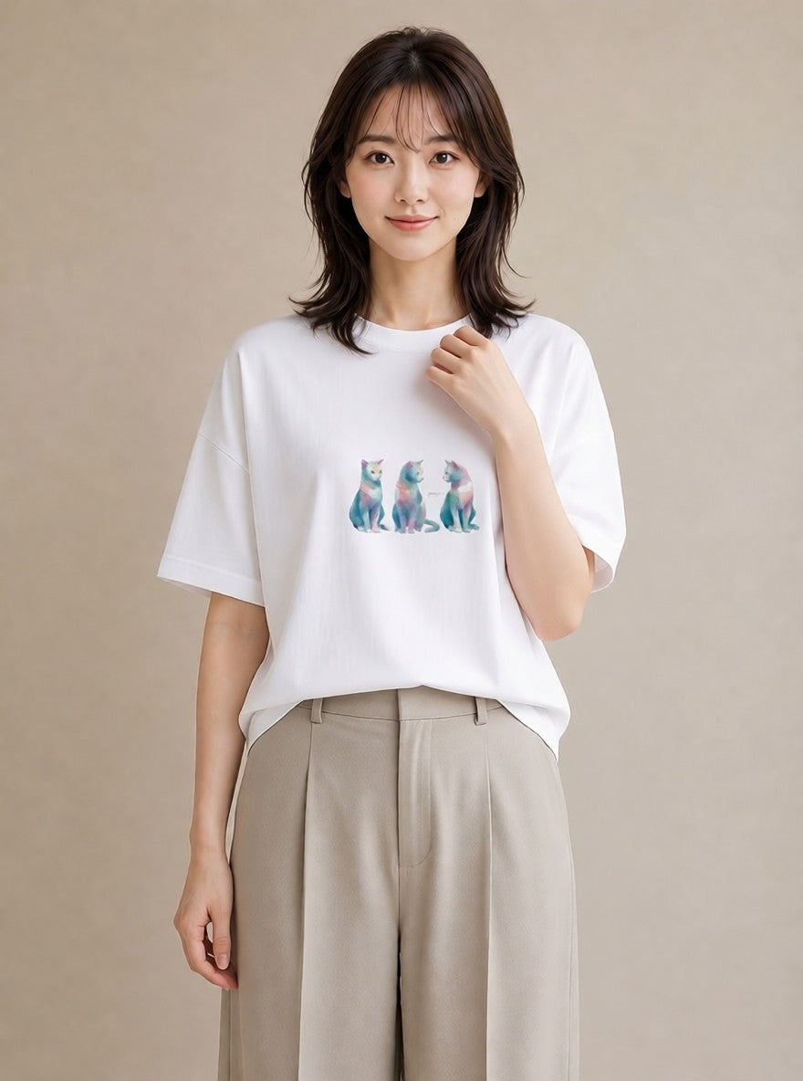 Tシャツ レディース シャム柄 猫 ねこ イラスト ゆるコーデ 旅行用 海 白T