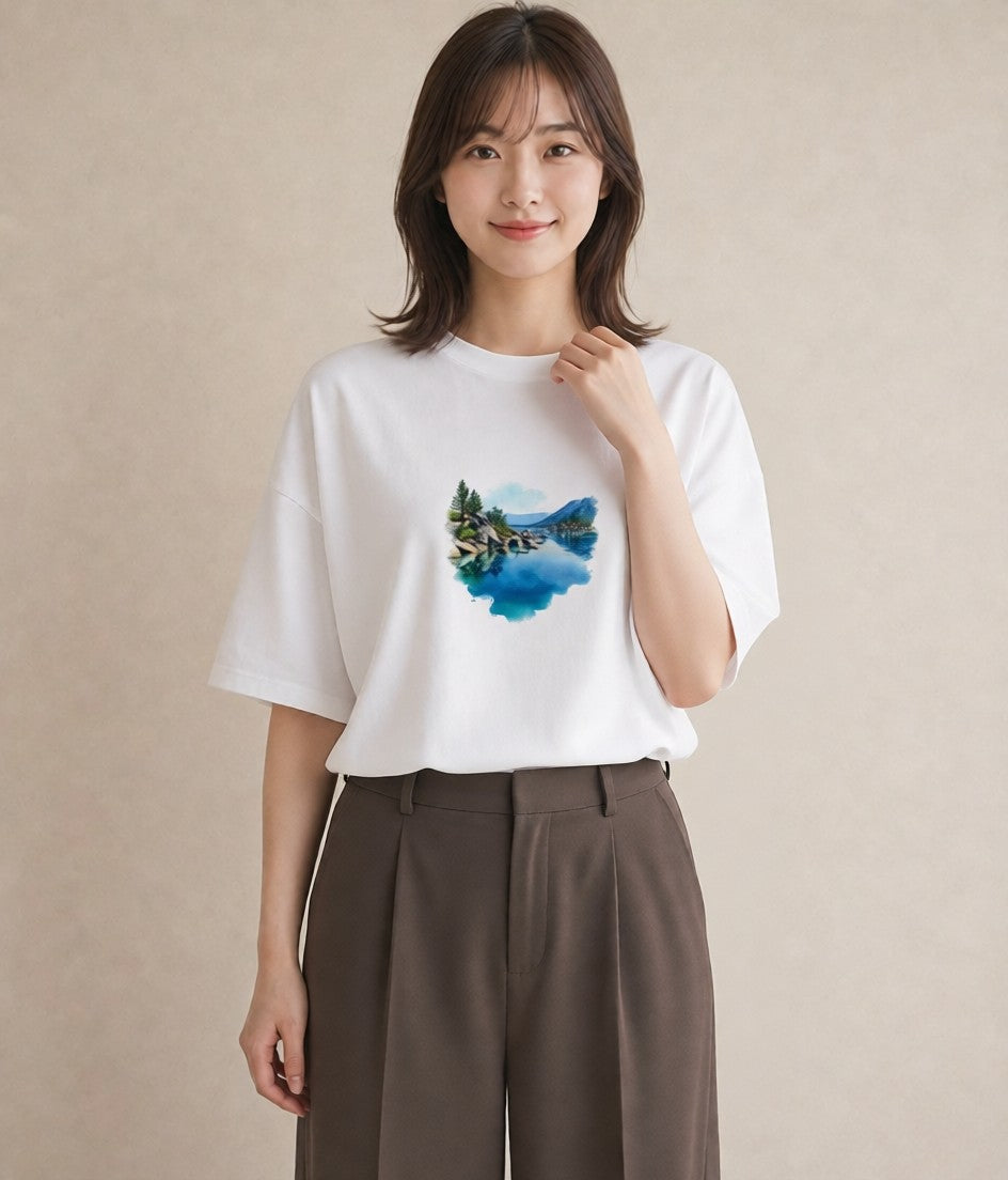 プリントTシャツ レディース 桟橋 水辺 波止場 ナチュラル アンティーク イラスト お洒落 秋コーデ おしゃれギフト 白T