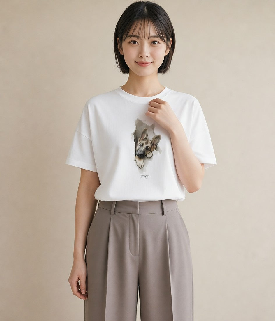 デザインTシャツ レディース ジャーマンシェパード 犬 いぬ イラスト ラフ 休日 ペアコーデ 白T