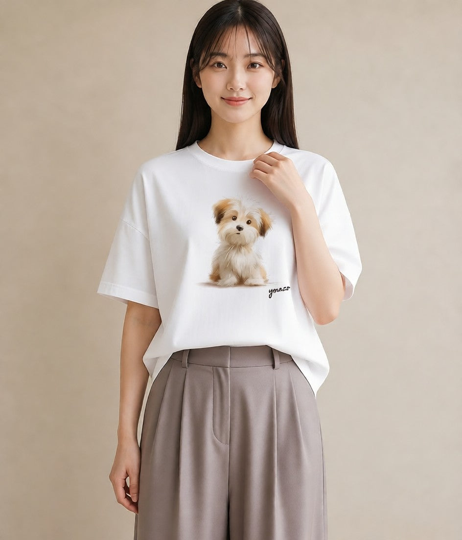 プリントTシャツ レディース 子犬 犬 いぬ イラスト ニュアンス 春服 ミセス 白T