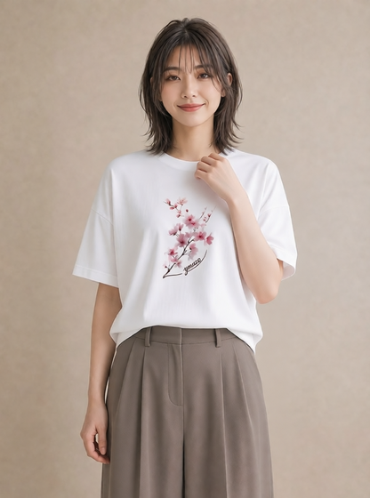 半袖Tシャツ レディース 梅 花 花柄 イラスト クリスマス 旅行 白T