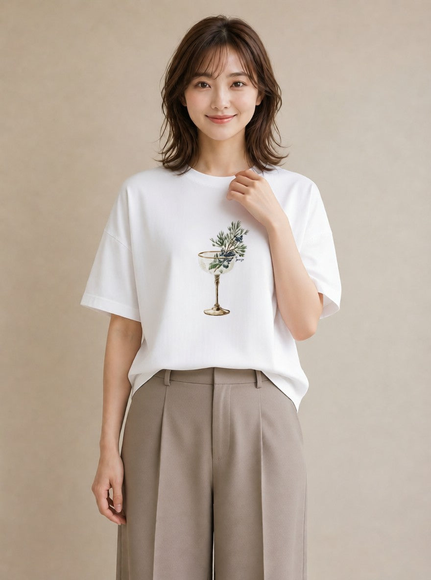 グラフィックTシャツ レディース ガラス瓶 小枝 ボタニカル ナチュラル アンティーク イラスト お洒落 自分用 ルームウェア 白T