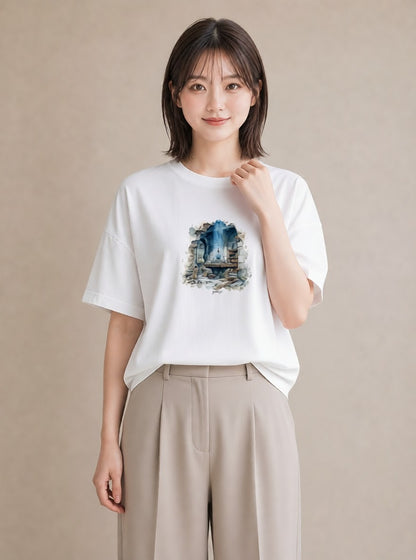 プリントTシャツ レディース 駅のホーム ローカル線 駅 ナチュラル アンティーク イラスト 韓国風 海 カフェ巡り 白T
