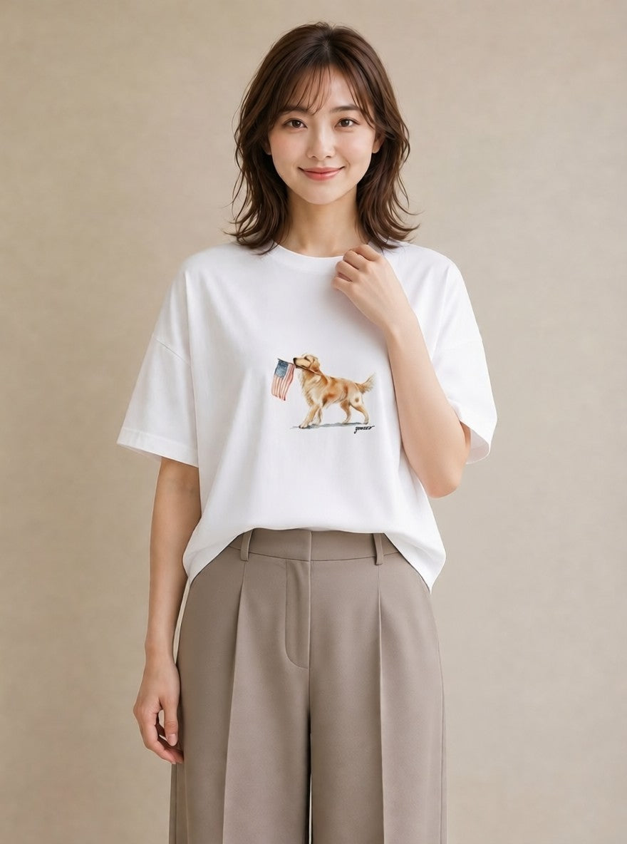 デザインTシャツ レディース ゴールデンレトリバー ゴールデン 犬 いぬ イラスト ガーリー カフェ服 クリスマス 白T