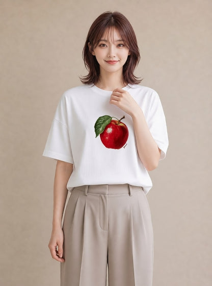 グラフィックTシャツ レディース りんご 林檎 アップル 食べ物 フード イラスト レトロ 友達ギフト 部屋着 白T