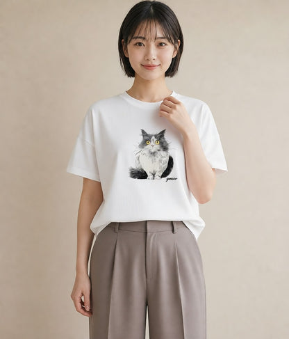 半袖Tシャツ レディース サバトラ 猫 ねこ イラスト ニュアンス 在宅 公園 白T
