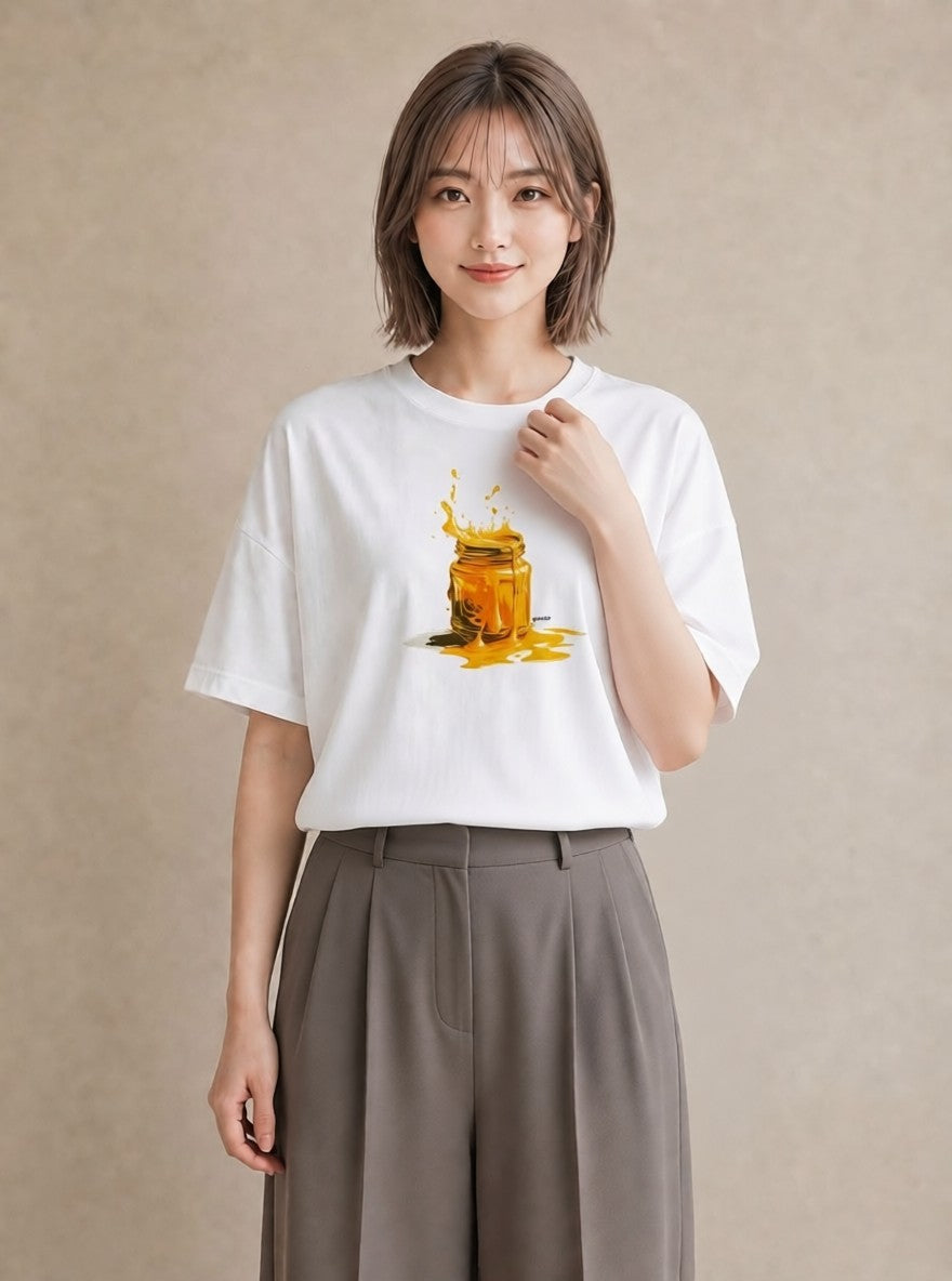 グラフィックTシャツ レディース ハニー 食べ物 フード イラスト ラフ 休日 ペアコーデ 白T