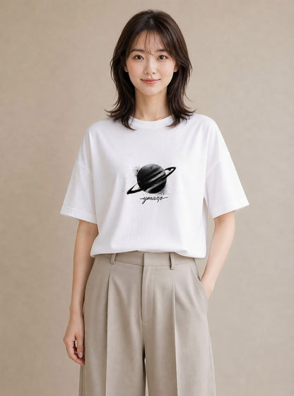デザインTシャツ レディース 土星 星空 宇宙 イラスト 手描き風 ミセス 春コーデ 白T
