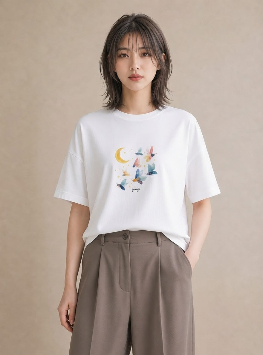 半袖Tシャツ レディース 満月 星空 宇宙 イラスト 上品 散歩 お出かけ 白T
