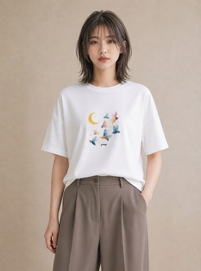 半袖Tシャツ レディース 満月 星空 宇宙 イラスト 上品 散歩 お出かけ 白T