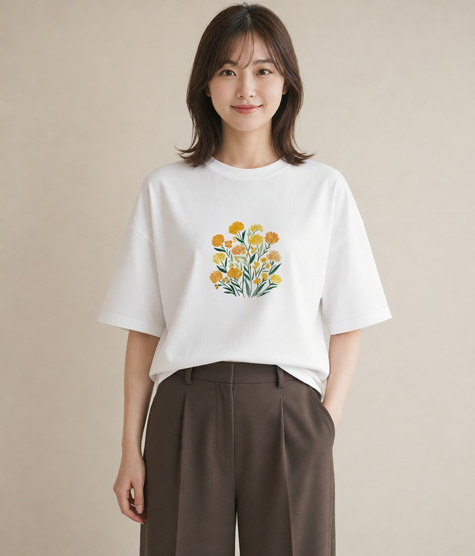 半袖Tシャツ レディース ミモザ 花 花柄 イラスト 休日コーデ 姉妹 送別ギフト 白T