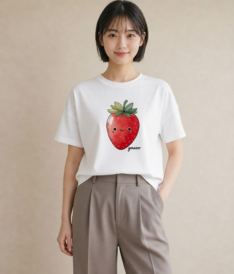 グラフィックTシャツ レディース いちご 苺 ストロベリー 食べ物 フード イラスト ポップ 春コーデ 姉妹 白T