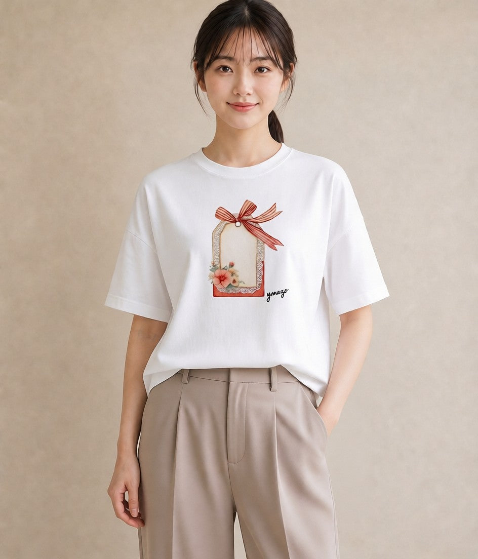 プリントTシャツ レディース 手鏡 アンティーク レトロ ナチュラル イラスト アート風 ビーチ デイリーウェア 白T