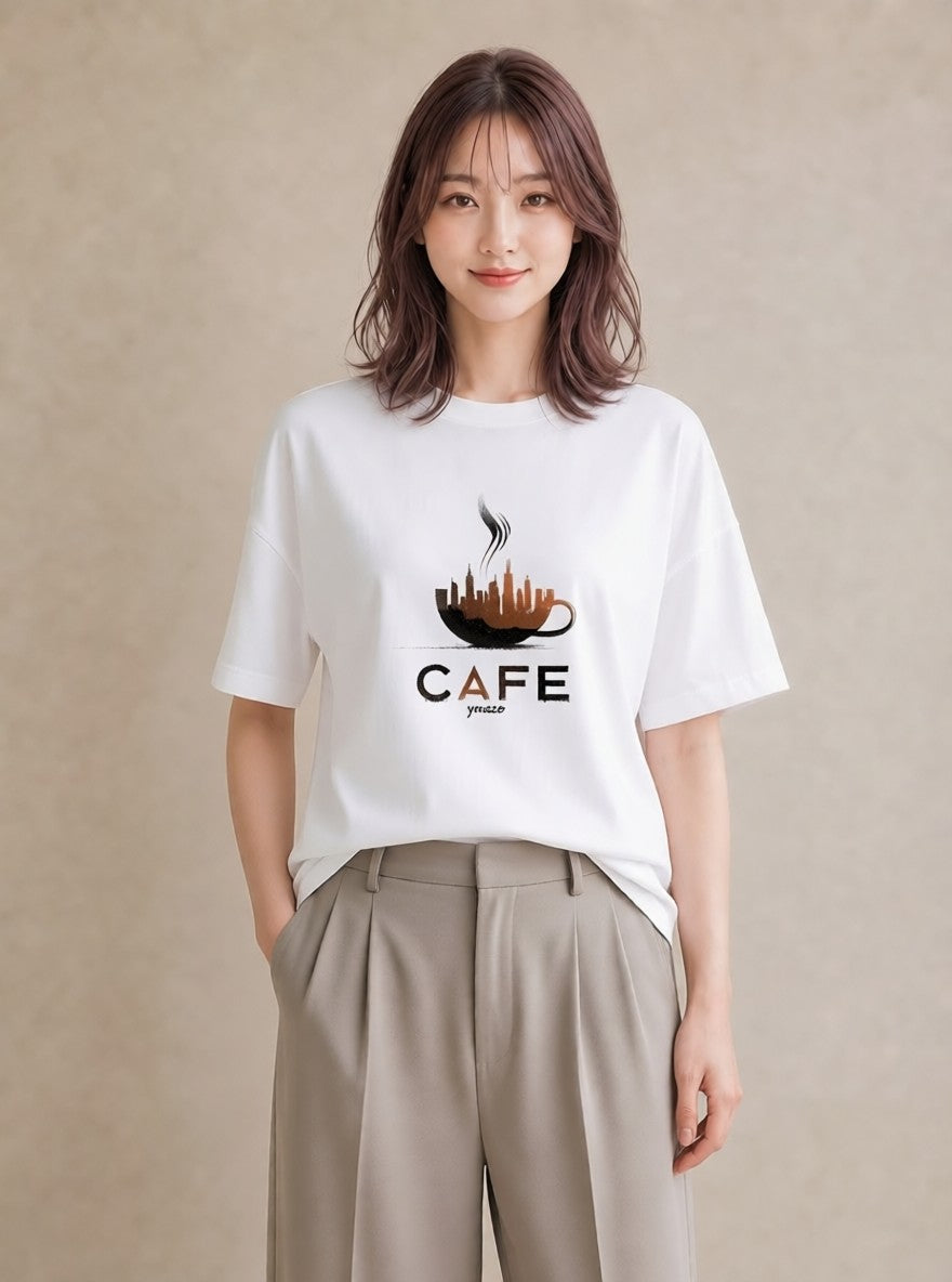 プリントTシャツ レディース カフェ カフェロゴ ロゴ イラスト ゆるかわ 20代 カジュアルコーデ 白T
