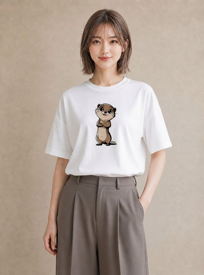 グラフィックTシャツ レディース コツメカワウソ 動物 アニマル イラスト ガーリー ラフ レイヤード 白T