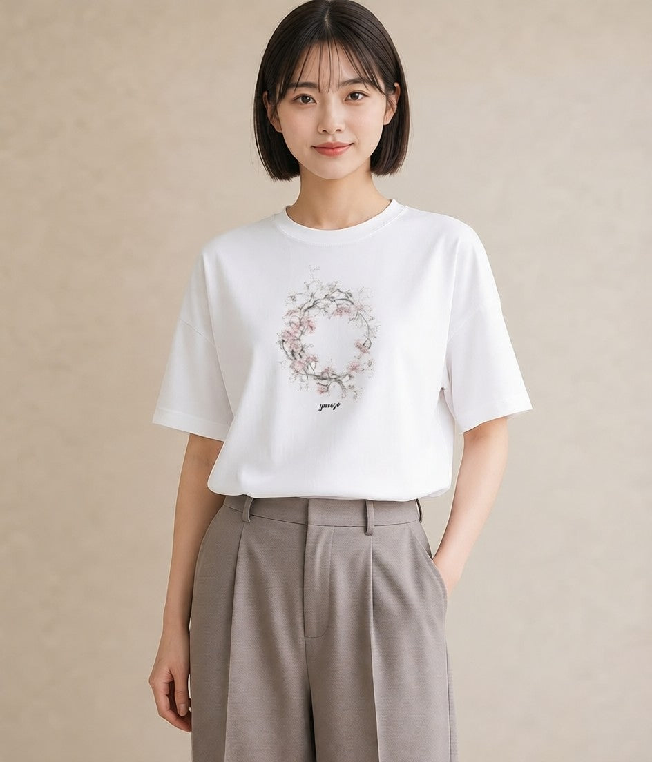 Tシャツ レディース レースハンカチ レース ハンカチ ナチュラル アンティーク イラスト アート風 春服 ミセス 白T