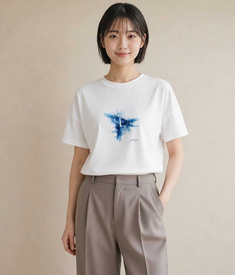デザインTシャツ レディース 小川 橋 せせらぎ ナチュラル アンティーク イラスト 休日コーデ 女性 旅行用 白T