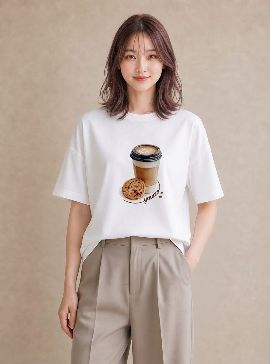 プリントTシャツ レディース コーヒー 珈琲 カフェ 食べ物 フード イラスト ユニーク 通学 誕生日プレゼント 白T