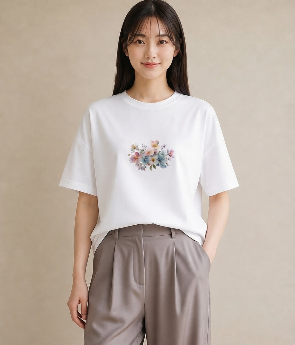 グラフィックTシャツ レディース パンジー 花 花柄 イラスト ガーリー 送別ギフト 通勤 白T